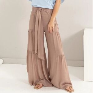 HYFVE Brown Tie Front Ruched Tiered Maxi Skirt Pants